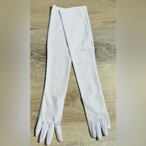 These long women's gloves, 20 inches in length, are made of stretchy satin